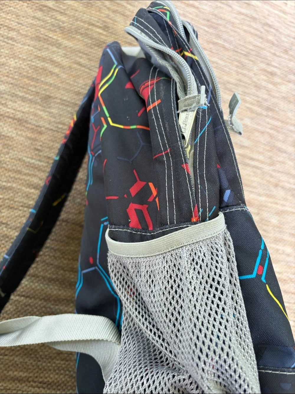L.L. Bean Black Backpack with Red and Blue Geometric Print